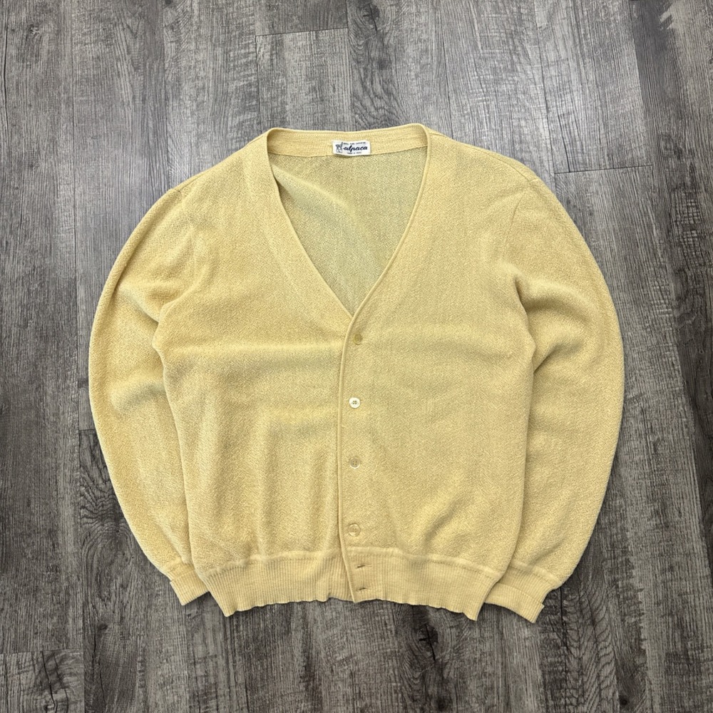 Vintage Alpaca Pale Yellow Cardigan Sweater Distressed L